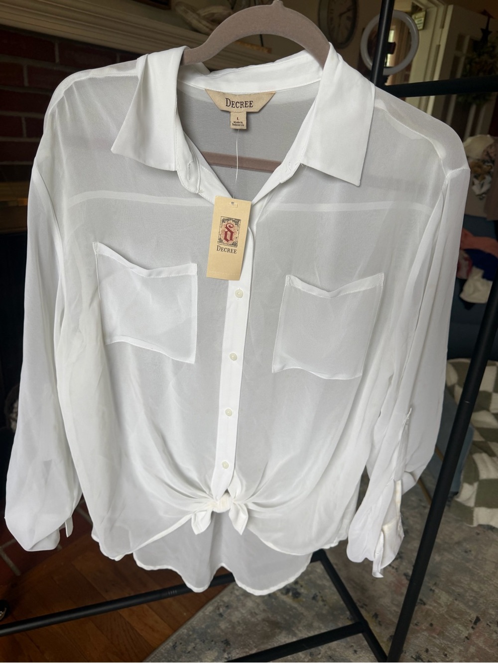 Decree Women's White Sheer Button-Front Tie Shirt